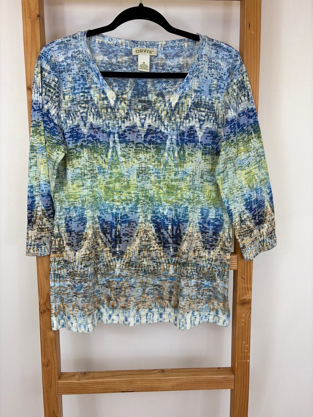 Orvis Multicolor V Neck 3/4 Sleeve Lightweight Top Polyester Blend Size MED